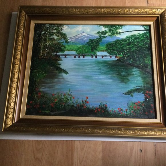 Original art painting landscape mountain bridge river flowers framed signed - Picture 2 of 8